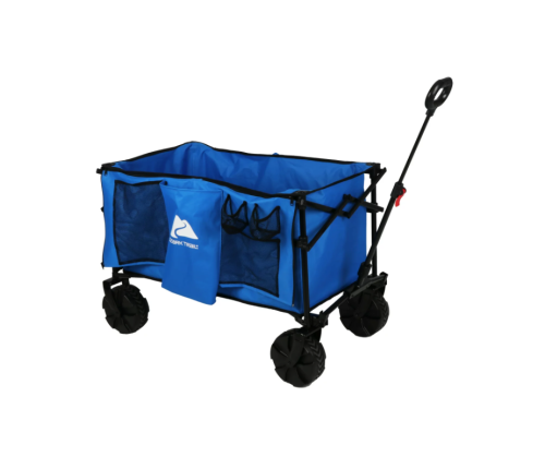 A blue collapsible utility wagon with a handle and mesh pockets, designed for easy transport of items.