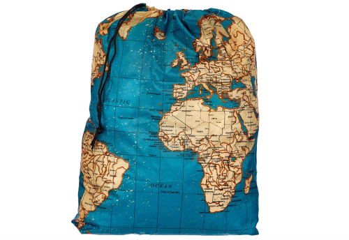 A drawstring bag featuring a world map design in blue and tan colors.