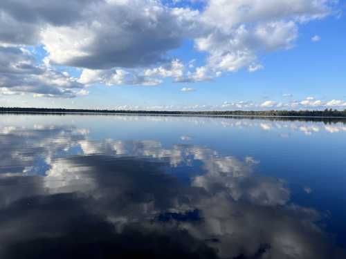 A serene lake reflecting fluffy clouds and a blue sky, surrounded by trees on the horizon.