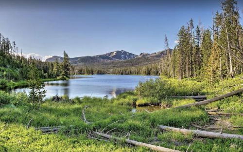 A serene lake surrounded by lush greenery and mountains under a clear blue sky.
