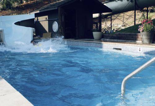 A swimming pool with a water slide, surrounded by greenery and a small wooden structure in the background.