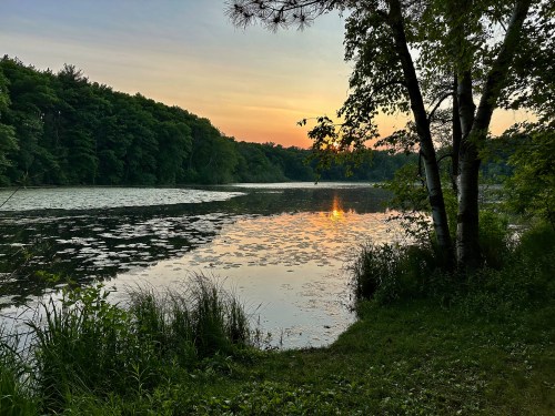 A serene lake at sunset, surrounded by lush trees and reflecting the warm colors of the sky.
