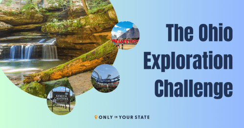 Image promoting "The Ohio Exploration Challenge" with scenic views, including a waterfall and attractions like Seneca Caverns.