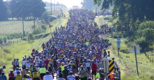 A large crowd of cyclists riding along a rural road, surrounded by greenery and signs, on a sunny day.
