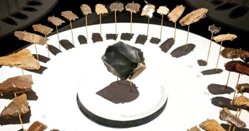 A circular display of various stone artifacts, with a central black piece and numbered samples arranged around it.