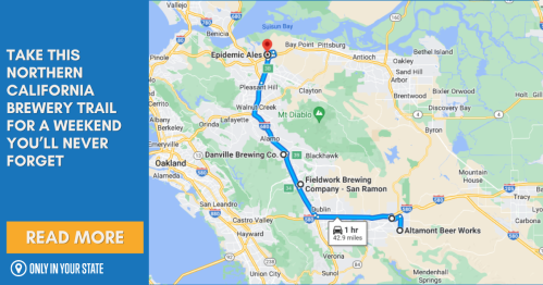 Map showing a brewery trail in Northern California, highlighting Epidemic Ales and Altamont Beer Works.