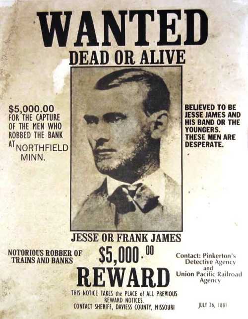 Wanted poster for Jesse or Frank James, offering $5,000 for their capture, dated July 26, 1881.