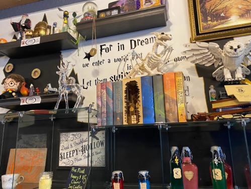 A whimsical display of collectibles, books, and decor featuring magical themes and characters on a wall shelf.