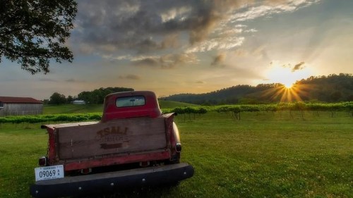 A vintage red truck parked in a vineyard at sunset, with rolling hills and a cloudy sky in the background.