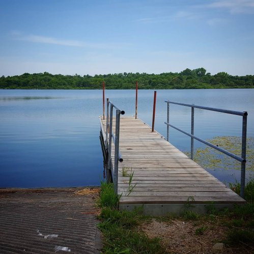 A wooden dock extends into a calm lake, surrounded by lush greenery under a clear blue sky.