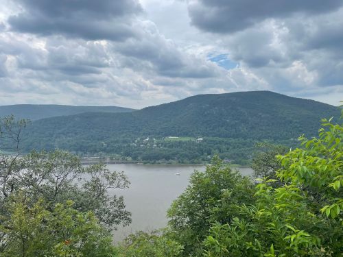 A scenic view of a river surrounded by lush green hills under a cloudy sky.