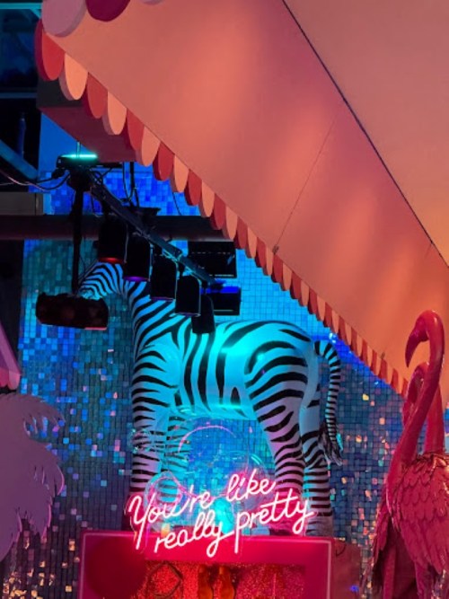 A colorful display featuring a zebra statue and a neon sign that reads "You're like really pretty."