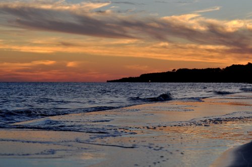 A serene beach at sunset, with gentle waves reflecting vibrant colors in the sky and a silhouette of trees in the distance.