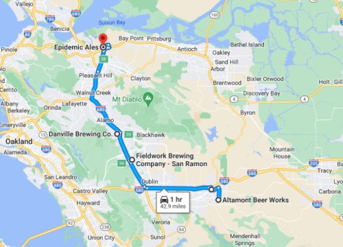 Map showing a route from Altamont Beer Works to Epidemic Ales, passing through Danville Brewing Company.