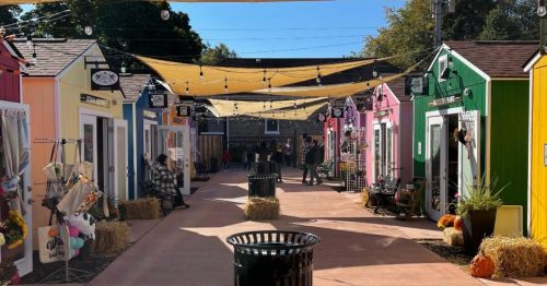 Colorful market stalls line a sunny pathway, with string lights overhead and autumn decorations scattered around.