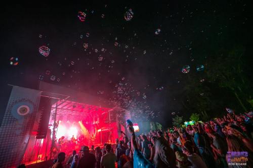 A lively concert scene with colorful lights, a crowd enjoying the music, and bubbles floating in the night sky.