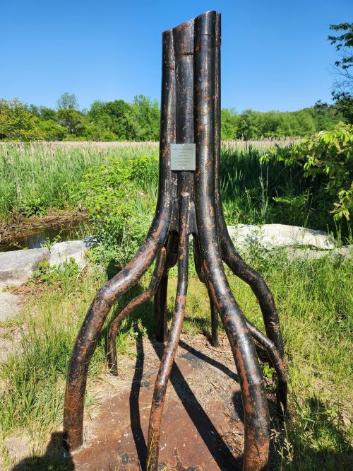 A metal sculpture resembling tree roots stands in a grassy area, surrounded by greenery and a clear blue sky.