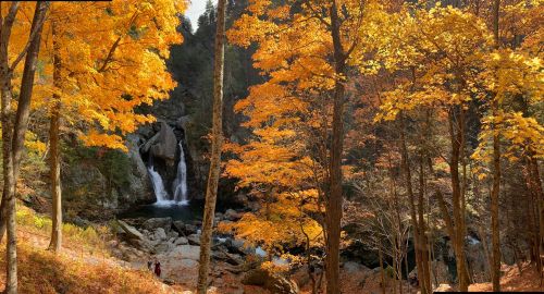 A serene waterfall surrounded by vibrant autumn foliage and two people walking along a path.