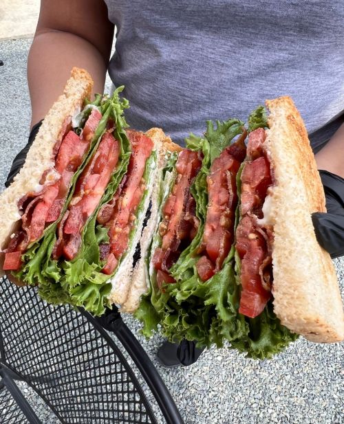A person holding a large sandwich stacked with layers of lettuce, tomato, and bacon, with whole grain bread.