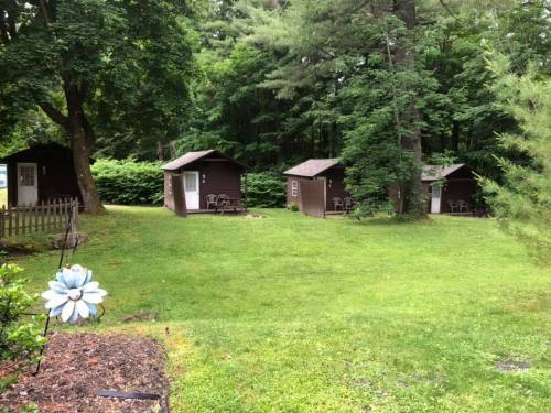 Three brown cabins surrounded by green grass and trees, with a flower in the foreground.