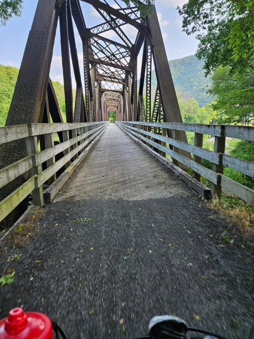 A view of a metal bridge with a wooden railing, surrounded by greenery and mountains in the background.