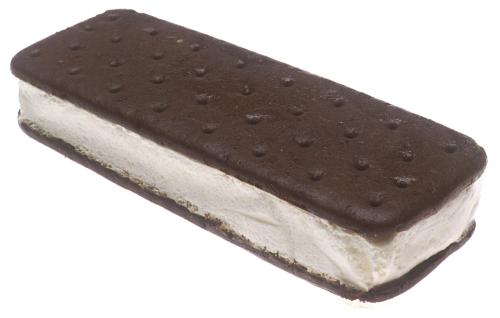 A chocolate-covered ice cream sandwich with a vanilla filling and a textured cookie exterior.