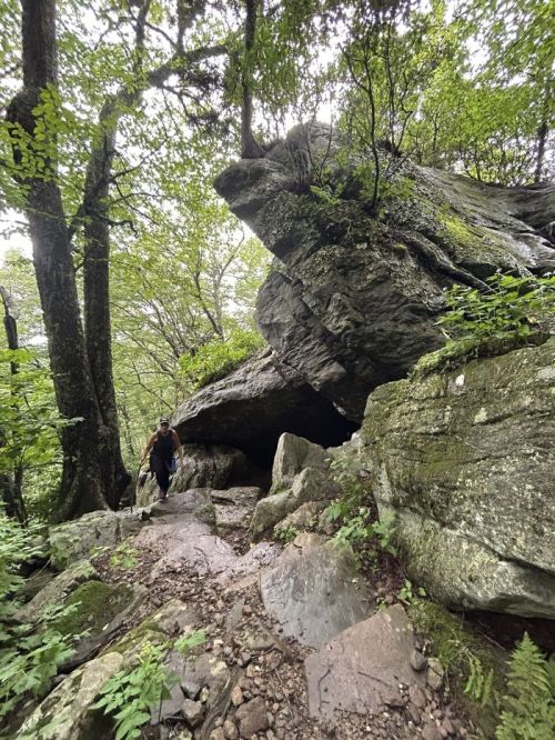 A person hiking on a rocky trail surrounded by lush green trees and a large boulder overhead.