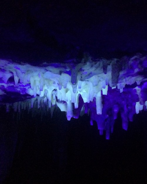 Stalactites illuminated in blue light hang from a dark cave ceiling, creating a mystical atmosphere.