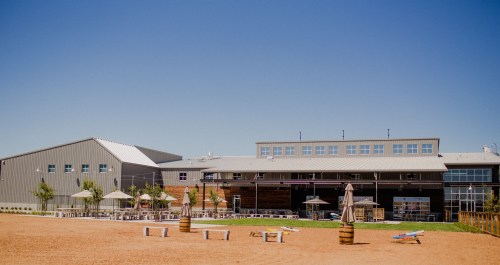 A modern building with large windows, surrounded by outdoor seating and umbrellas, under a clear blue sky.