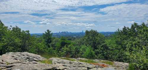 A panoramic view of a city skyline surrounded by lush greenery and rocky terrain under a partly cloudy sky.