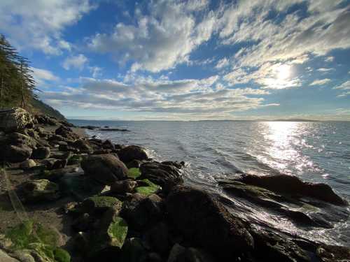 A serene coastal scene with rocky shorelines, green moss, and a shimmering sea under a partly cloudy sky.