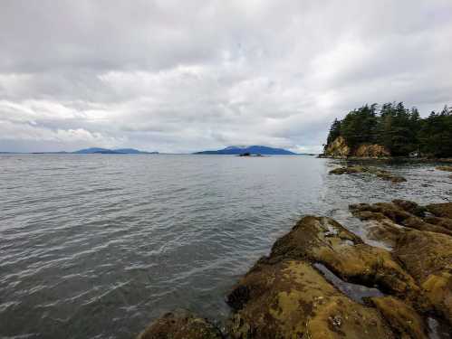 A rocky shoreline with calm waters, distant mountains, and overcast skies in a coastal landscape.