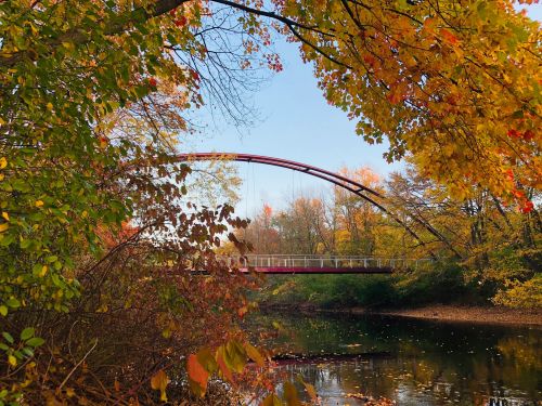 A red arch bridge spans a calm river, surrounded by vibrant autumn foliage in shades of orange and yellow.