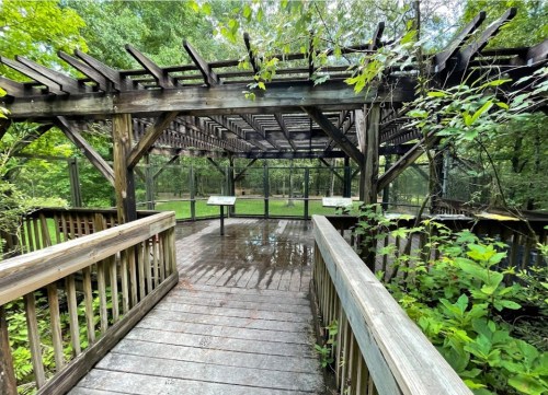 A wooden walkway leads through a lush, green area with a pergola overhead and informational displays.