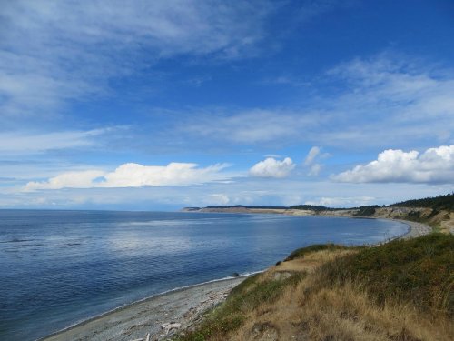 A serene coastal landscape with a curved shoreline, blue ocean, and a sky filled with fluffy clouds.