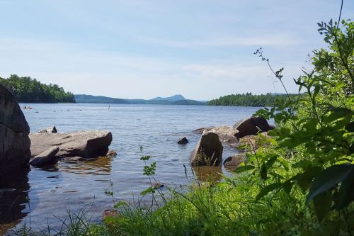 A serene lake scene with rocky shores, lush greenery, and distant mountains under a clear blue sky.
