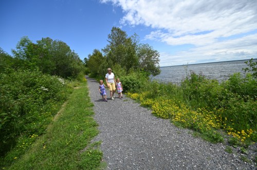 A woman walks with two children along a gravel path by a lake, surrounded by greenery and wildflowers under a blue sky.