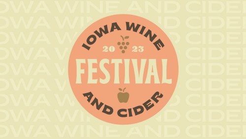 Logo for the Iowa Wine and Cider Festival 2023, featuring grapes and an apple on a peach background.