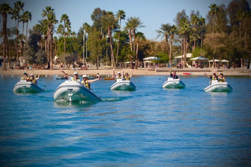 A group of people in small boats paddling on a calm lake, surrounded by palm trees and a sunny park.