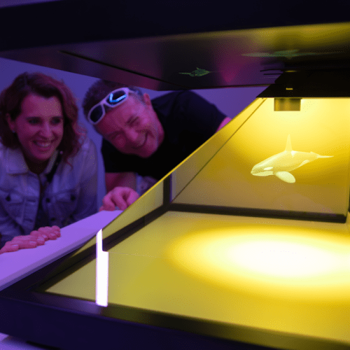 Two people smile while watching a 3D hologram of an orca in a brightly lit display.