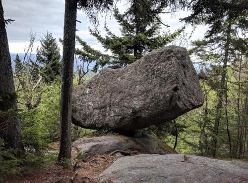 A large boulder balanced on a smaller rock, surrounded by trees in a forested area.