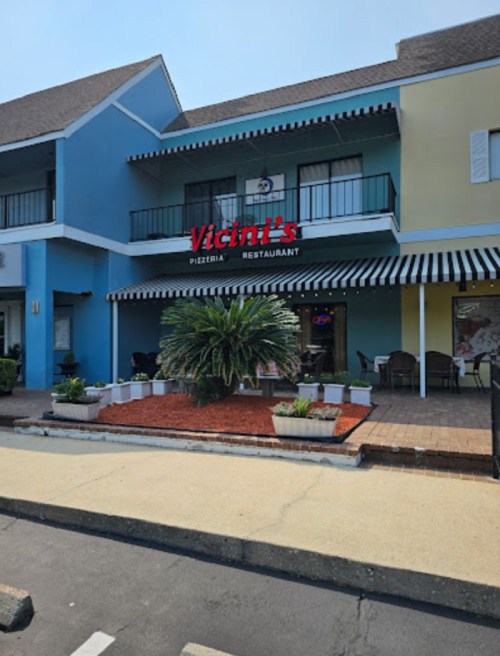 Exterior of Vicini's Pizzeria Restaurant, featuring a blue building, striped awning, and potted plants in front.