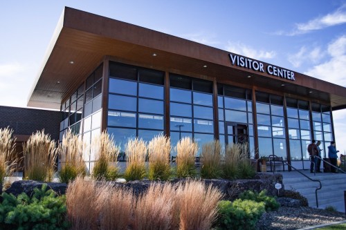 Modern visitor center with large windows, surrounded by ornamental grasses and a clear blue sky.