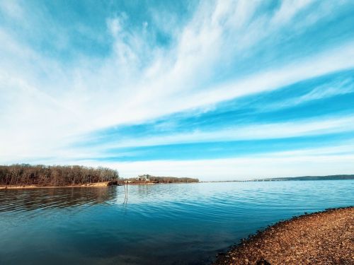 A serene lake scene with calm waters, a clear blue sky, and distant trees along the shoreline.
