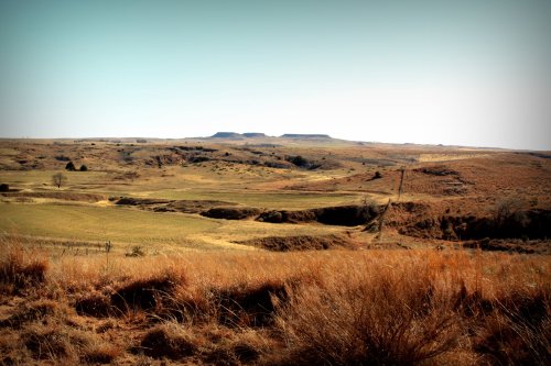 A vast, open landscape with rolling hills, dry grass, and distant plateaus under a clear sky.