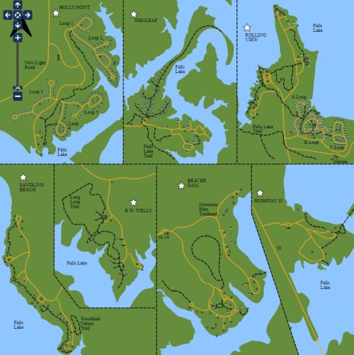 Map of Falls Lake area, showing trails, roads, and points of interest like Holly Point and Beaver Dam.
