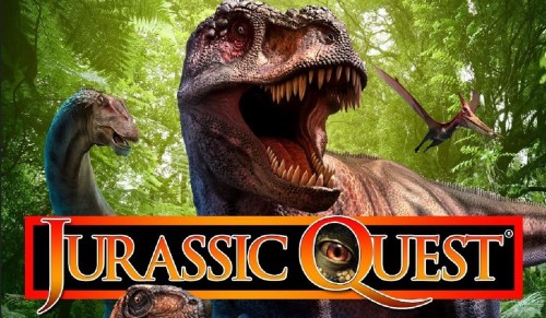 A vibrant jungle scene featuring various dinosaurs with the text "Jurassic Quest" prominently displayed.