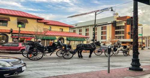 A horse-drawn carriage passes by shops on a city street, with buildings and a cloudy sky in the background.