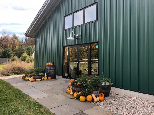 A green metal building with large windows, surrounded by pumpkins and flowers on a stone pathway.
