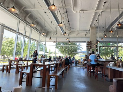 Bright, modern café interior with large windows, wooden tables, and patrons enjoying their meals.